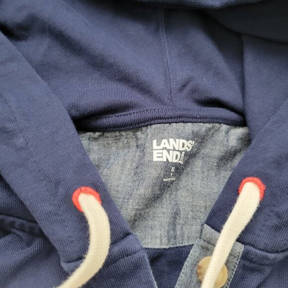 Lands End Hoodie Womens XL Blue Off White Striped Henley Pullover Patches Pocket - Picture 2 of 9